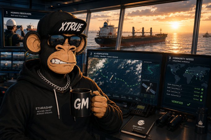 An AI-generated image of a monkey wearing an 'XTRUE' cap and sunglasses, holding a 'GM' mug, sitting at a control room with monitors showing ocean verification data at sunset.