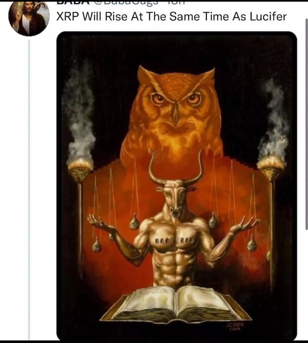 A dark occult-style illustration shows a horned, muscular demonic figure (Baphomet) with an owl above its head, holding two torches with an open book at its base, alongside a tweet from "BABR" reading "XRP Will Rise At The Same Time As Lucifer," visually personifying the claim that XRP's rise is tied to the fall of Lucifer.