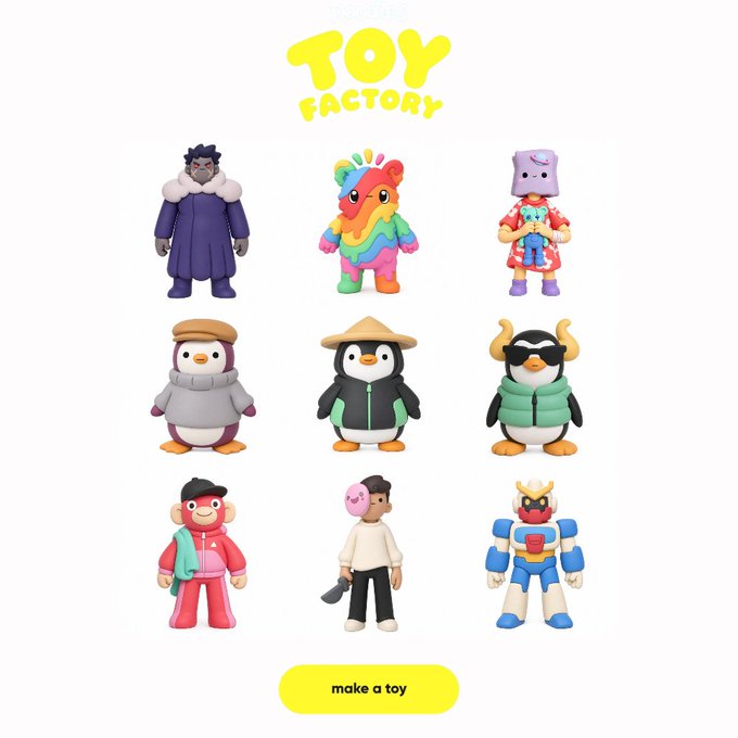 A 'TOY FACTORY' web interface displaying nine collectible toy figurines arranged in a grid, featuring characters like a rainbow alpaca, penguins, and a robotic figure, with a 'make a toy' button at the bottom.