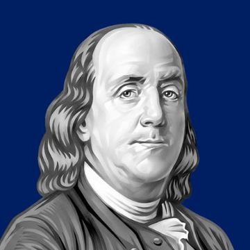 A stylized portrait of Benjamin Franklin, founder namesake of Franklin Templeton, set against a deep blue background. The image visually represents the company mentioned in the post about Franklin Templeton's new role as a Super Validator on the Canton Network blockchain.
