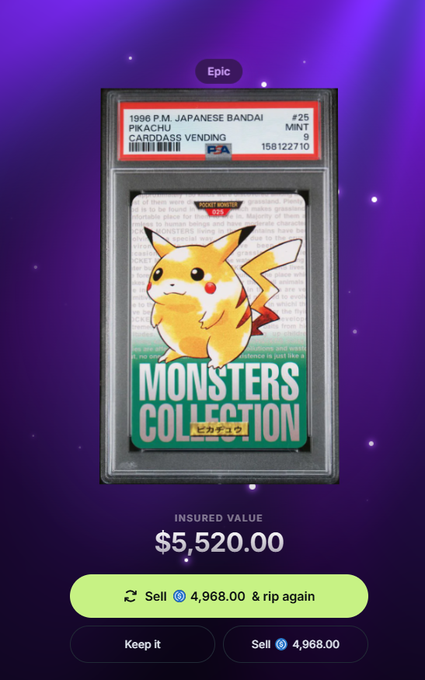 A screenshot of an app showing a graded 'Monsters Collection' Pikachu card valued at $5,520.00, with options to sell it or keep it.