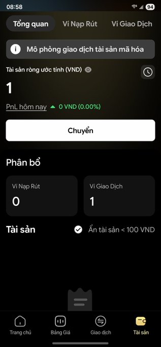 A Vietnamese cryptocurrency app interface showing total estimated assets (Tài sản ròng) of 1 VND with 0 profit/loss, and a distribution of 1 wallet (Ví Giao Dịch).