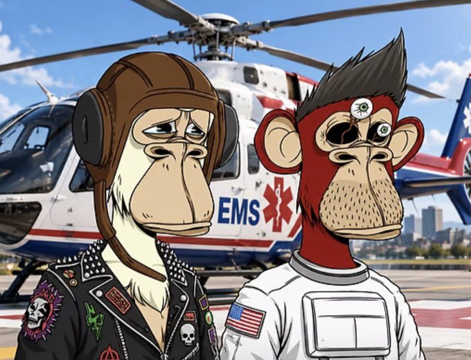 An illustrated cartoon featuring two Bored Ape-style characters, one in a punk jacket and the other in a spacesuit with an American flag patch, standing in front of an EMS helicopter.