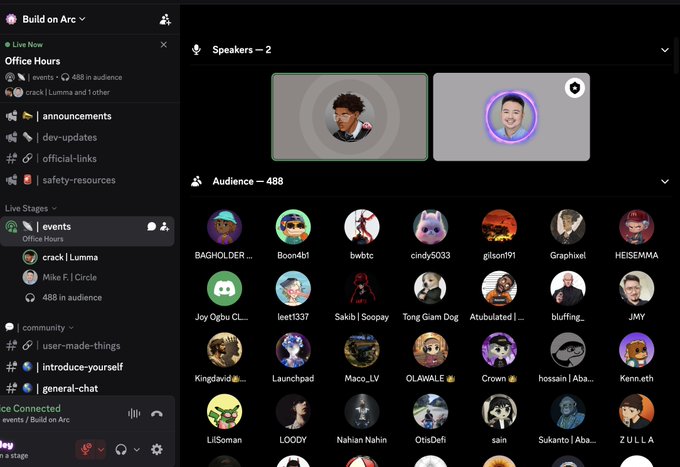 The image shows a computer screen displaying a list of various people's names and their corresponding avatar images, likely from an online platform like Discord or another social media app. The avatars include different types of characters such as cartoon-like faces, emojis, and other unique designs. The post on the platform is titled "Back again in the Office Hours on Arc Discord Hanging out, learning, and enjoying all the amazing dApps being built by talented architects on Arc". This suggests that there might be a group discussion or event happening where people are sharing their experiences and knowledge about different dApp projects.