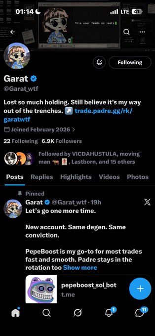 A Twitter/X profile for 'Garat' (@Garat.wtf) with 6.9K followers, bio reading 'Lost so much holding. Still believe it's my way out of the trenches,' and a pinned post about PepeBoost being his go-to for trades.