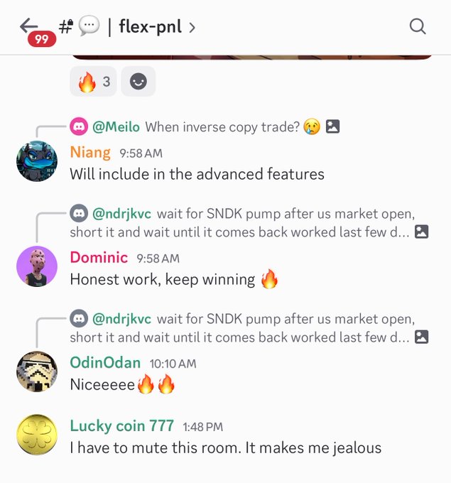 A Discord chat screenshot in the #flex-pnl channel showing users discussing trading, including mentions of waiting for a SNDK pump and shorting the stock.