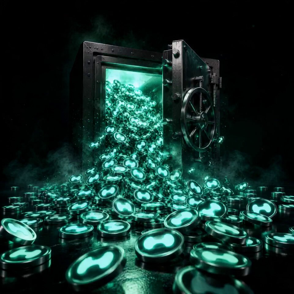 The image features a black door with its lid open, revealing a pile of green coins falling out onto the ground below. In the background, there are two additional doors - one larger than the other that has its handle turned sideways. The text above these doors reads "1 hour left. 1,061 HYPE is being distributed to new veNEST lockers in HEV. lock now → receive HYPE on Friday. current estimated payout: ~45% of your lock value." This suggests a game where players are trying to collect virtual money or items by opening the doors and taking coins from them.