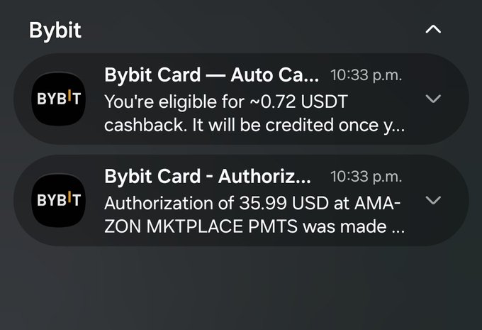 A mobile notification screen from Bybit showing two alerts: 'Bybit Card — Auto Ca...' about eligibility for ~0.72 USDT cashback, and 'Bybit Card - Authoriz...' confirming a 35.99 USD authorization at AMAZON MKTPLACE PMNTS.