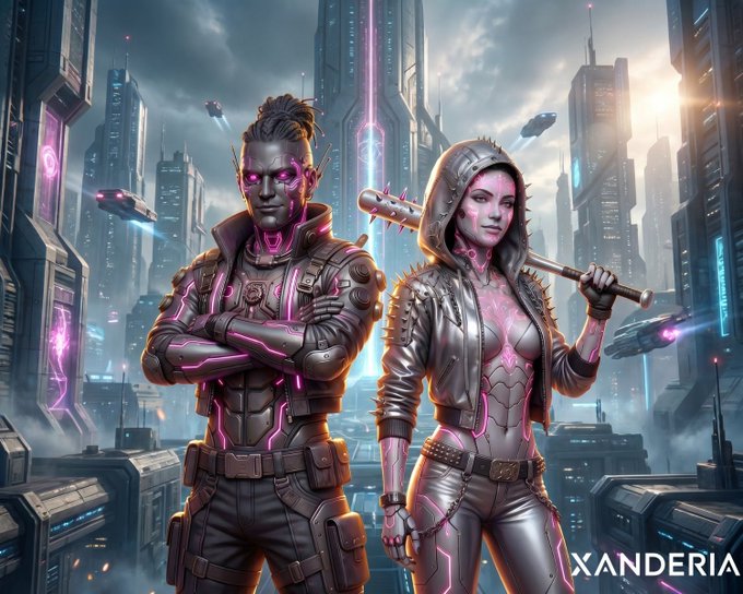 A sci-fi illustration shows two cyberpunk characters, a male elf-like figure with magenta glowing lines and a female character in a hooded jacket wielding a spiked bat, standing before a futuristic cityscape with the text 'XANDERIA' in the corner.