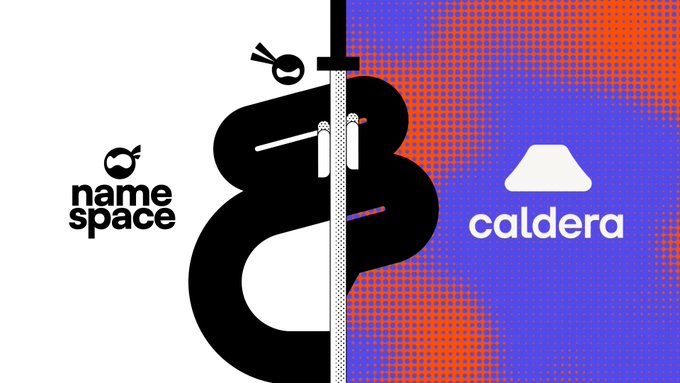 The image displays logos for "namespace" and "caldera" alongside a stylized graphic, visually representing the migration announcement of Caldera's 9M domain names to Namespace (namespace_eth).