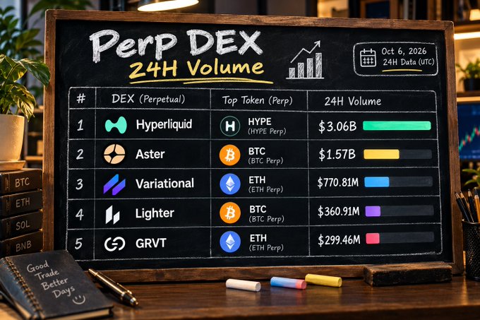 A chalkboard titled 'Perp DEX 24H Volume' dated Oct 6, 2026, listing top perpetual DEXs: Hyperliquid ($3.06B HYPE), Aster ($1.57B BTC), Variational ($770.81M ETH), Lighter ($360.91M BTC), and GRVT ($299.46M ETH), accompanied by a notebook reading 'Good Trade Better Days'.