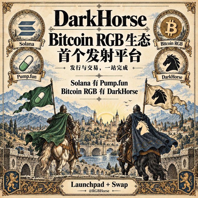 The image is a medieval-style poster promoting "DarkHorse," described as the first launch platform in the Bitcoin RGB ecosystem, with the tagline "Solana 有 Pump.fun, Bitcoin RGB 有 DarkHorse" and noting it offers "Launchpad + Swap" services (@RGBHorse). It visually connects to the giveaway post by framing DarkHorse as the Bitcoin RGB counterpart to Solana's Pump.fun, while the contest of 3,000 horseshoes ties into the platform's early contribution point system mentioned in the announcement.