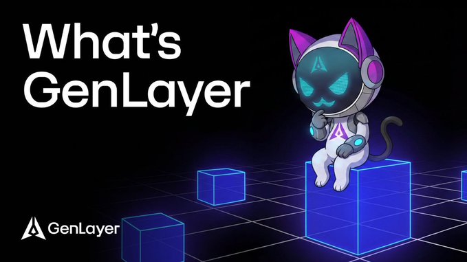 The image features a cartoon robot cat sitting atop a blue cube. The caption below the image reads "What's GenLayer".