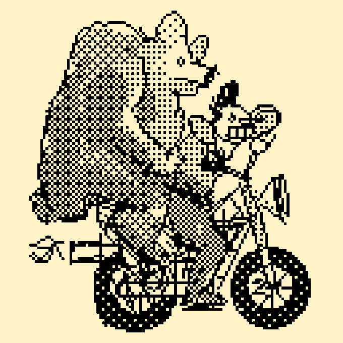 The image features a cartoon drawing of a bear riding a motorcycle, with the bear positioned behind the bike. The bear appears to be wearing a hat and has a backpack on its back. The drawing is black and white, giving it an artistic touch. The caption below the image reads "OBJKT#881119 Bear Ride Yep its bear time 1bit Made on resprite mobile 128x128 px original size 2048x2048 px Upscaled by @FFMEC2".