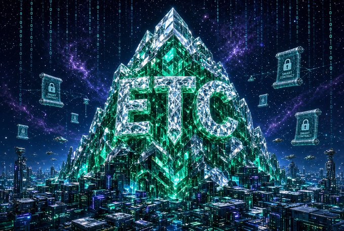 A digital artwork featuring the letters 'ETO' made of glowing green crystal, surrounded by smart contracts, lock icons, and a cyberpunk cityscape under a starry sky.