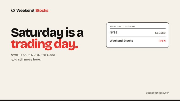 An advertisement for 'Weekend Stocks' features the text 'Saturday is a trading day. NYSE is shut. NVDA, TSLA and gold still move here.' along with a status indicator showing NYSE CLOSED and Weekend Stocks OPEN.