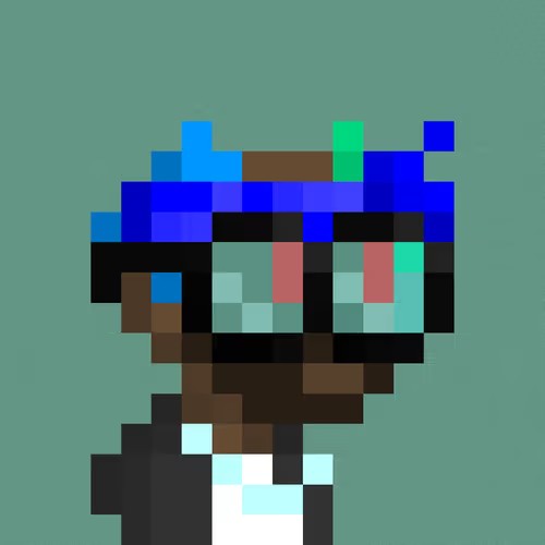 A pixel art character with blue hair, red eyes, and a dark outfit against a solid green background.
