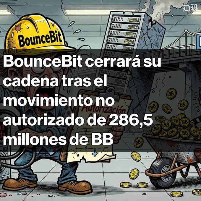 A cartoon illustration of a panicked construction worker wearing a hard hat labeled 'BounceBit' holding a document, with Spanish text reading 'BounceBit cerrará su cadena tras el movimiento no autorizado de 286,5 millones de BB' over a background of mining rigs and BB coins.
