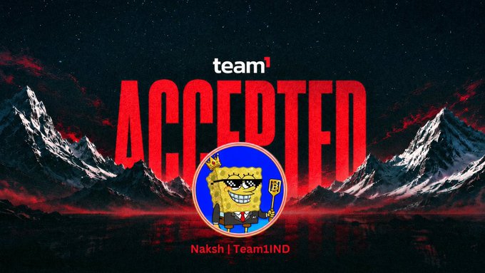 The image announces "Accepted" with the logo "team¹" and a Spongebob character representing "Naksh | Team1IND," which visually complements the post about joining @AvaxTeam1 as a Collaborator.