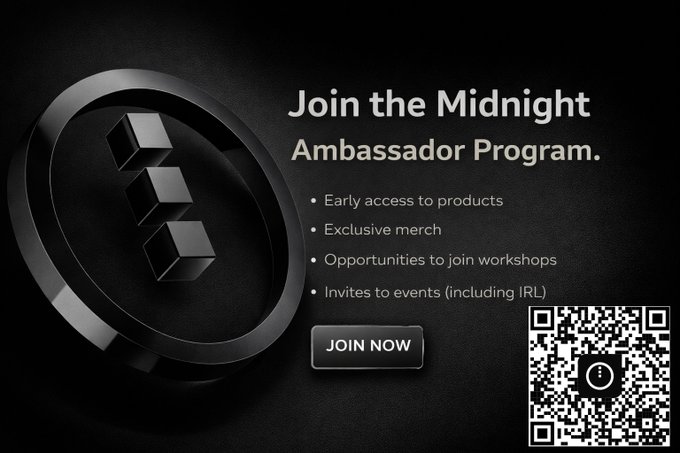 A promotional graphic for the 'Midnight Ambassador Program' featuring a black cube logo, benefits including early access, exclusive merch, workshop opportunities, and event invites, with a 'JOIN NOW' button and QR code.
