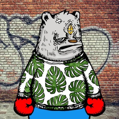 A grumpy cartoon polar bear character with an Ethereum diamond symbol on its forehead, wearing a tropical leaf-patterned shirt and red boxing gloves, stands against a graffiti-covered brick wall. The image appears to be the "BChamp" character mentioned in the post, celebrating a collaboration with @Prase_2 ahead of a return to Mainnet.
