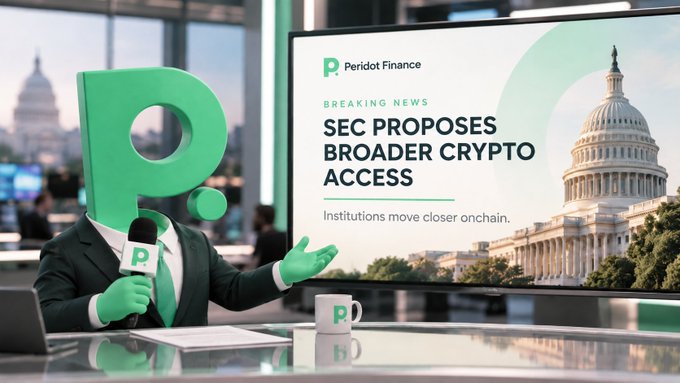 A news graphic by 'Peridot Finance' announcing 'SEC PROPOSES BROADER CRYPTO ACCESS' with the subtext 'Institutions move closer onchain,' featuring a person wearing a large green 'P' mascot head.