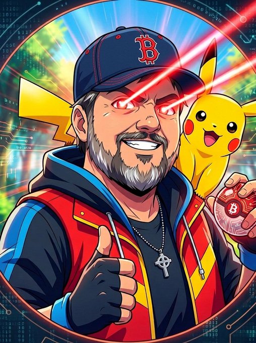 A colorful anime-style illustration of a bearded man with glowing red laser eyes wearing a Boston Red Sox cap and holding a Bitcoin, with Pikachu appearing in the background.