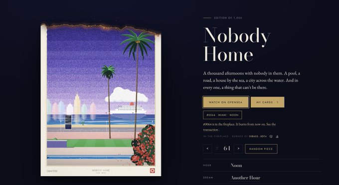 A digital artwork titled 'Nobody Home' depicting a coastal scene with palm trees, a ship, and a cityscape, displayed on what appears to be an NFT marketplace interface with options to 'WATCH ON OPENSEA' and 'MY CARDS'.
