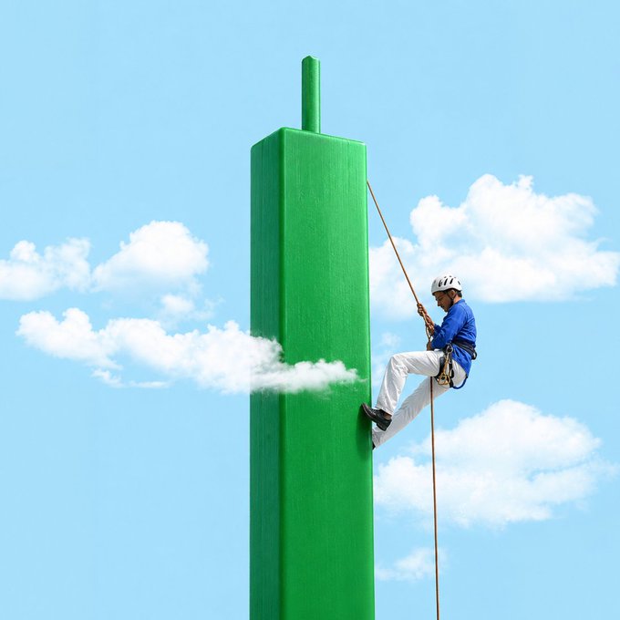 A man rappels down a giant green candlestick, symbolizing the creation and growth represented by MEXC. This image visually connects to the post's message of building and welcoming users to MEXC.