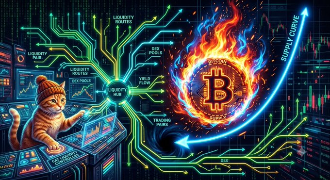 The image features a cat in an orange beanie operating a "Cat Liquidity Controller" terminal with neon circuit pathways labeled "LIQUIDITY ROUTES," "DEX POOLS," "YIELD FLOW," and "TRADING PAIRS" connecting to a flaming Bitcoin coin, alongside an upward-trending "SUPPLY CURVE" graph—visually illustrating the post's theme of $BURN and $CWIF tightening Bitcoin's supply through decentralized liquidity routing.