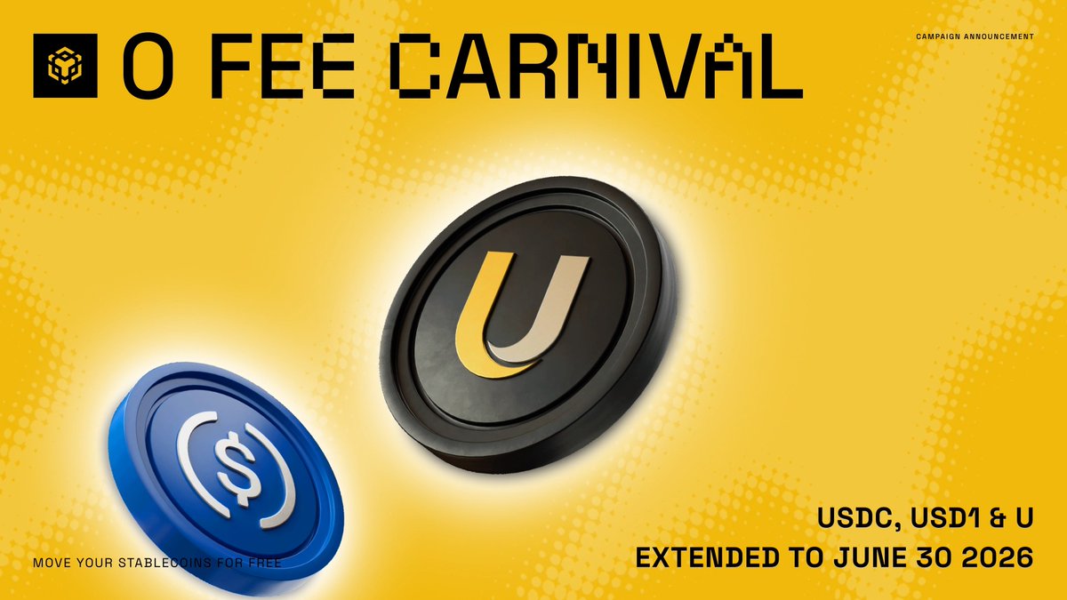 The image features a promotional poster for an event called "0- Fee Carnival" that takes place from June 30, 2026 through June 30, 2028. The poster includes two coins floating in the air with the letters "U" on them. One of the coins is blue and the other one is black. The text on the poster indicates that there are no fees associated with this event, as it is a free carnival.