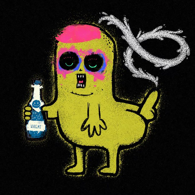 A neon-colored cartoon illustration features a yellow monster-like character holding a bottle labeled 'MAGMI' and emitting smoke shaped like an infinity symbol.
