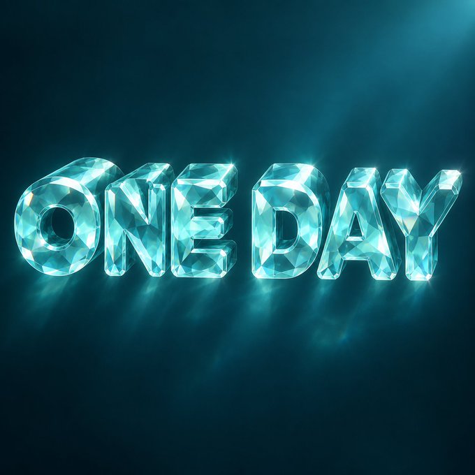The words 'ONE DAY' rendered in sparkling, light blue diamond/crystal lettering against a dark blue background with subtle light rays.