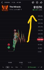 A mobile app screen titled 'The Miracle' shows a price of $137K with a yellow arrow pointing up to it on a candlestick chart.