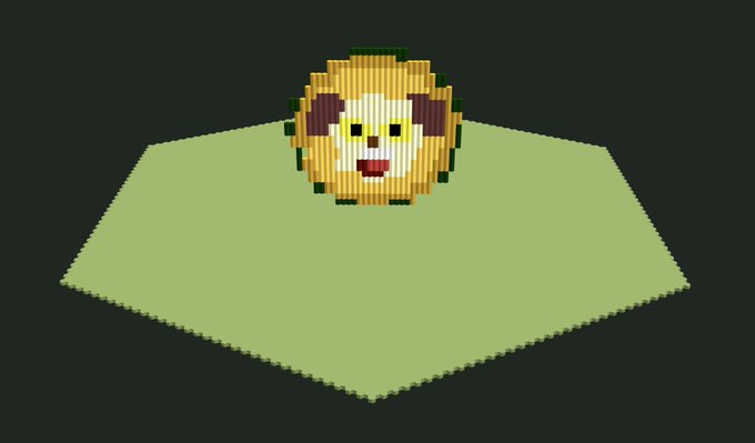 A pixel art depiction of a dog-like character with an open mouth on a green hexagonal platform against a black background.