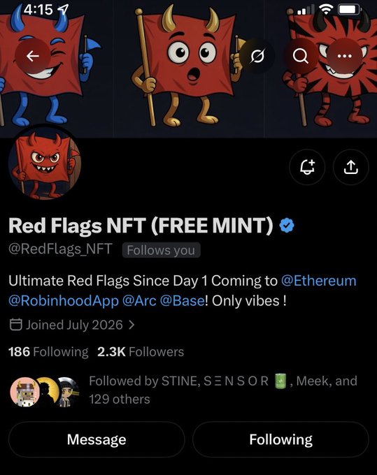 A Twitter/X profile page for 'Red Flags NFT (FREE MINT)' (@RedFlags_NFT) featuring cartoon red flag characters, with bio text mentioning Ethereum, RobinhoodApp, Arc, and Base.