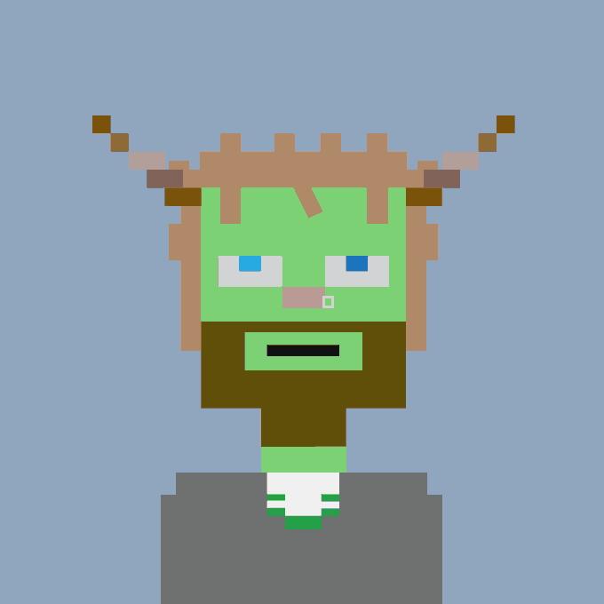 Pixel art character with green skin, brown hair, and a brown beard, depicted against a light blue background.