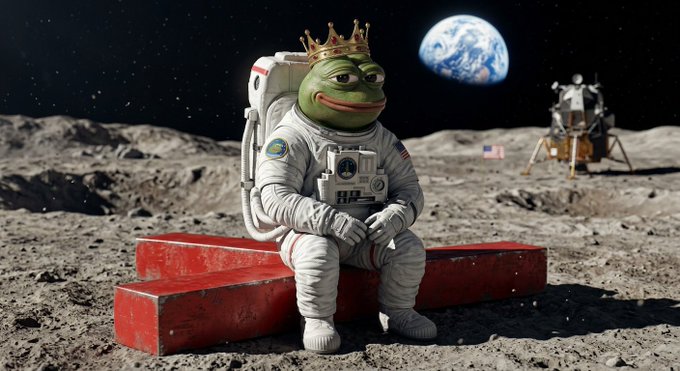 A crowned Pepe the Frog wearing a NASA spacesuit sits on a red bench on the moon's surface, with Earth and a lunar lander visible in the background. The image humorously symbolizes the post's claim that $ASKR ("ASKR" visible on the suit's mission patch) is "going to 9 figures" by depicting Pepe as royalty who has conquered even the moon — illustrating the post's bold assertion that the token's rise is inevitable and unstoppable.