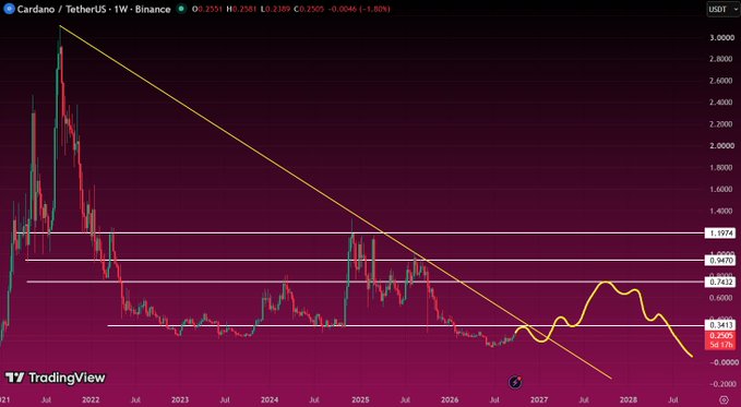 A TradingView candlestick chart for Cardano / TetherUS (ADAUSDT) on Binance shows a weekly timeframe with a long-term downtrend line and horizontal support/resistance levels near $0.54-$0.74.