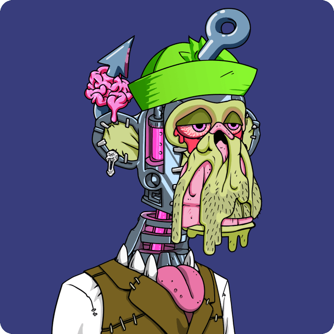 A cyborg monkey with exposed pink flesh, a mechanical brain with an antenna, and a magnifying glass accessory wears a green beanie and a brown vest against a navy background.