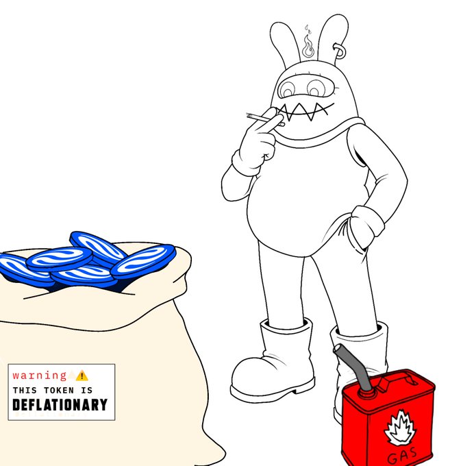 A cartoon illustration of a smoking rabbit character standing next to a sack of blue tokens, with a red gasoline can labeled 'GAS' and a warning that reads 'THIS TOKEN IS DEFLATIONARY'.