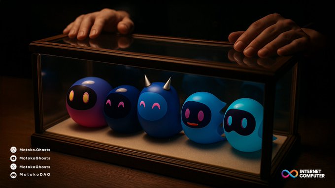 A pair of hands rests on a wooden display case containing five colorful Motoko Ghost figurines, with the social handles @MotokoGhosts (TikTok, Instagram, Facebook) and @MotokoDAO (X) shown alongside the "Internet Computer" logo—symbolizing the diverse spaces and roles within the Motoko ecosystem mentioned in the roadmap.