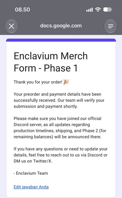 A mobile screenshot of a Google Docs confirmation titled 'Enclavium Merch Form - Phase 1' thanking the user for their order and directing them to the official Discord server.