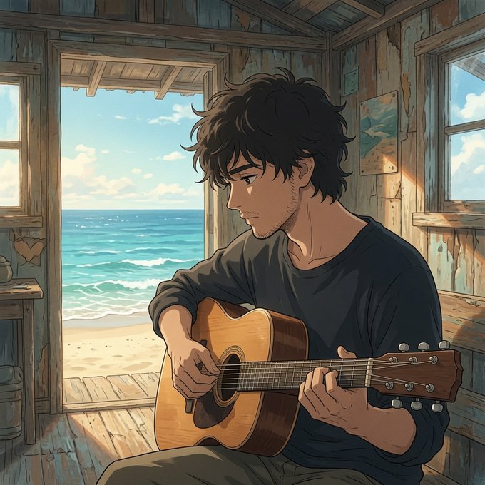 A young man with messy dark hair sits in a weathered beach shack playing an acoustic guitar, gazing out at the ocean through an open doorway.

The image contrasts sharply with the post's message about AI-powered trading execution—the serene, introspective musician represents the passive, analytical side of trading (reading charts, pondering), while the accompanying text promotes @tryquantio as the active, executing force that replaces mere contemplation with automated action.