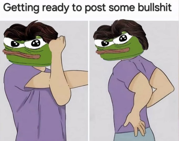 The image shows a two-panel "Sad Pepe" meme with the caption "Getting ready to post some bullshit," depicting the frog character stretching and posing—humorously relating to the post's joke about stretching before shitposting.