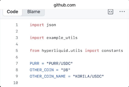 A screenshot of a GitHub code snippet showing the Hyperliquid SDK with `PURR = "PURR/USDC"` and `OTHER_COIN_NAME = "KORILA/USDC"` defined next to each other, highlighting the lesser-known $KORILA ticker alongside the popular $PURR token.