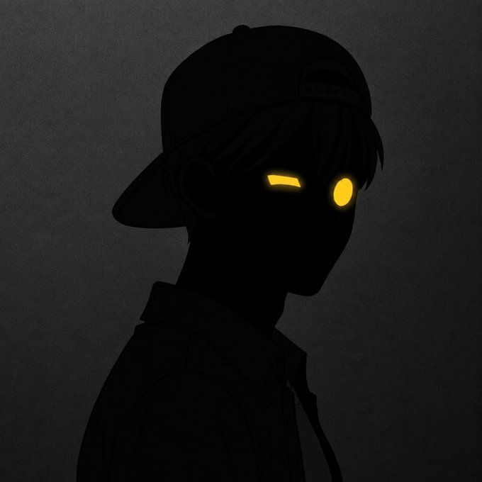 A dark silhouette of an anime-style character wearing a baseball cap, with only their glowing yellow eyes visible against a black background.