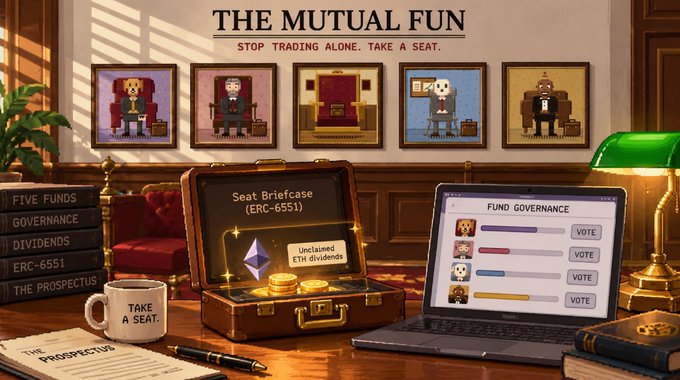 A pixel-art "Seat Briefcase" displaying ERC-6551 unclaimed ETH dividends sits beside a laptop showing fund governance voting options, with framed character portraits and a "TAKE A SEAT" coffee mug reinforcing @TheMutualFun's prospectus details about transferable onchain wallets and member voting.