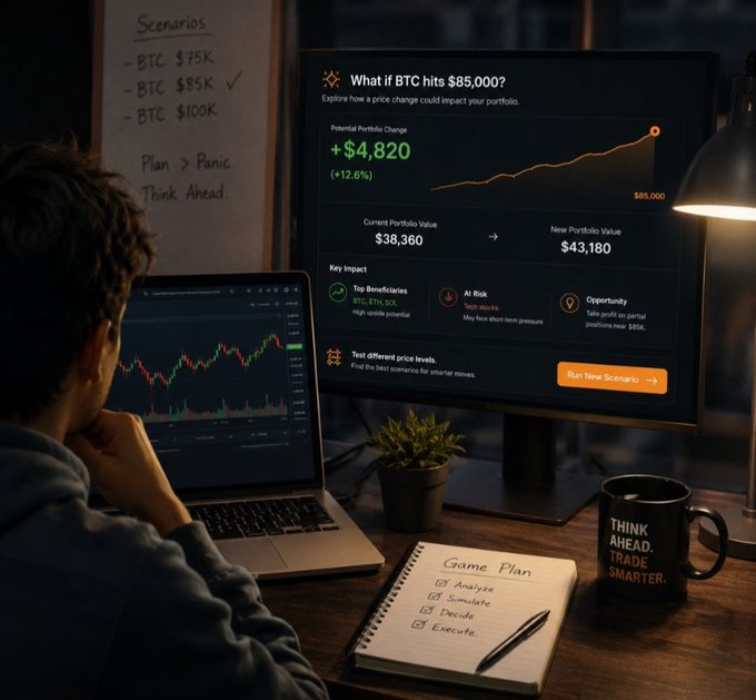 A digital illustration of a person at a desk viewing a monitor showing a Bitcoin portfolio scenario where BTC hitting $85,000 would yield a +$4,820 (+12.6%) gain, alongside a notebook labeled 'Game Plan' and a coffee mug reading 'THINK AHEAD. TRADE SMARTER.'