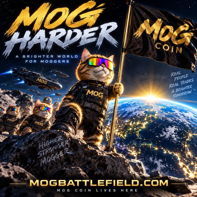 A promotional graphic featuring cats in tactical gear and sunglasses, with text including 'MOG HARDER', 'A BRIGHTER WORLD FOR MOGGERS', 'MOG COIN', and 'MOGBATTLEFIELD.COM'.